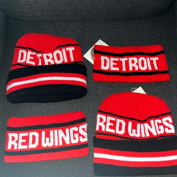 Two Vintage Detroit Redwings Beanies and Two Winter Headbands - Picture 1 of 7